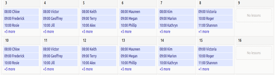 Cadenzer weekly lesson schedule, showing lessons, payment status, and late payers